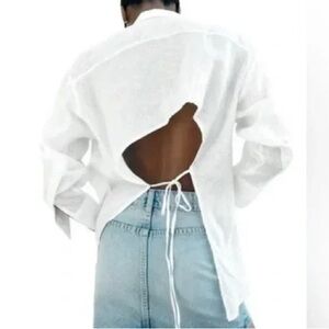 Zara 100% Linen Open Back Shirt w/ Tie (Off-White)